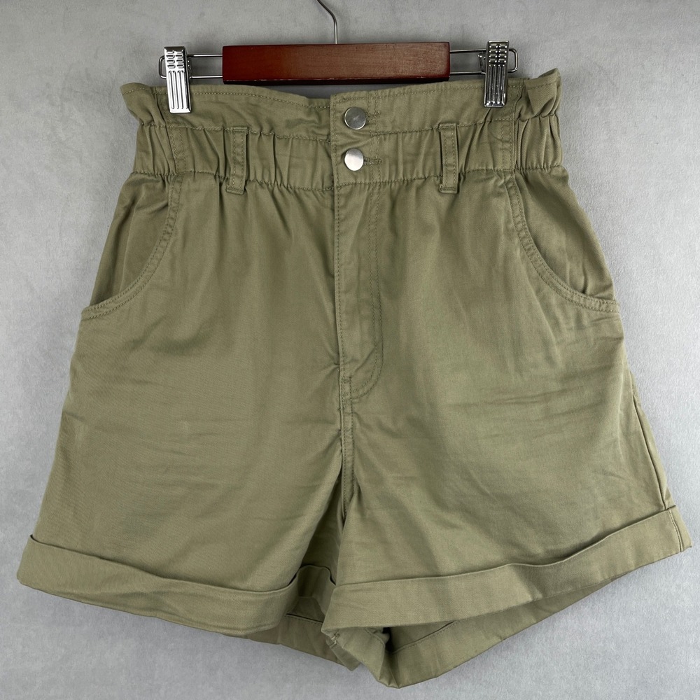 H&M High Waist Paperbag Shorts in Olive Green